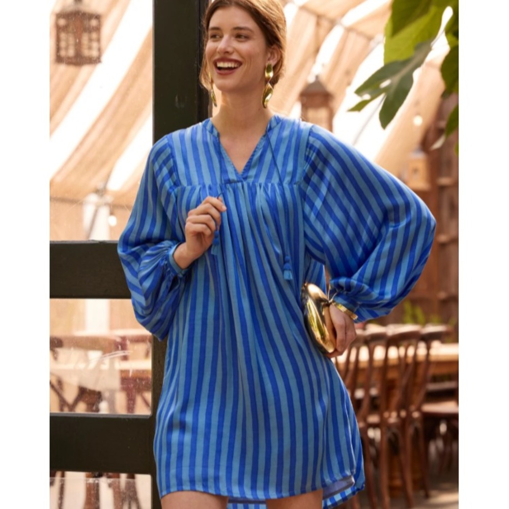 Printfresh Tunic Dress Women Sz S Satin Blue Stripe Tassle Long Puff Sleeve